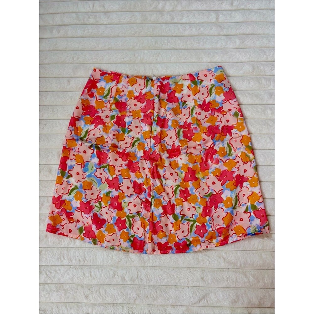 Floral Mini Skirt XS Pink Orange Blue Spring Summer Lightweight Skirt